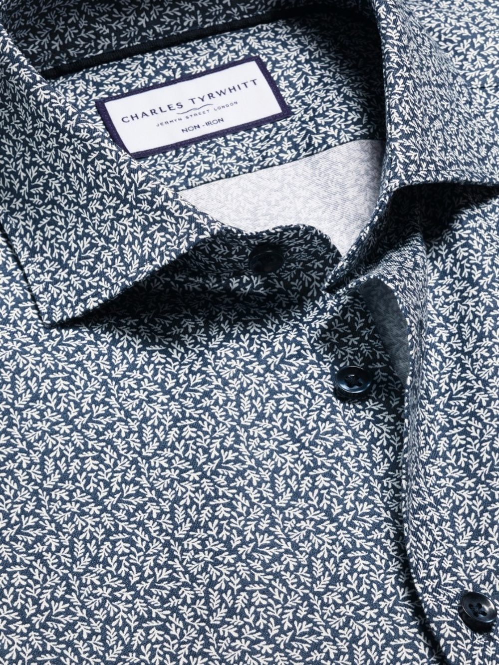 Charles Tyrwhitt Men's Non-Iron Stretch Leaf Print Shirt Extra Slim Fit Ink Blue